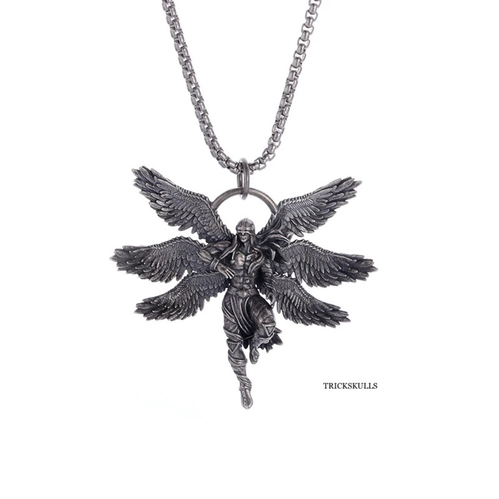 Winged Warrior Six Wing Seraphim Mythology Retro Pendant & 60cm Round Box Chain